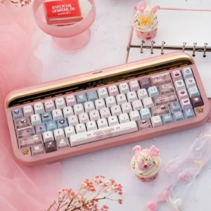 Velvet Frosted Strawberry Keycap Set. PBT+PC translucent set shown from multiple angles, highlighting soft glow and unique texture for whimsical design.