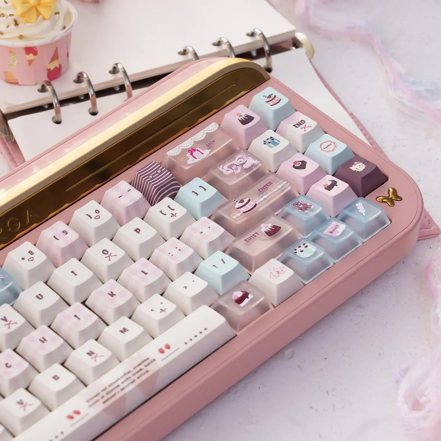 Velvet Frosted Strawberry Keycaps Set gallery: PBT+PC translucent design, glowing sweetly. Multiple artistic views highlight whimsical frosted texture.