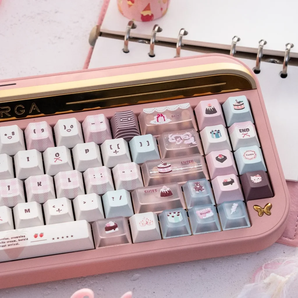A collection of Velvet Frosted Strawberry PBT+PC translucent custom keycaps set, showcasing their sweet frosted design and ethereal glow for a whimsical design.