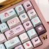 Velvet Frosted Strawberry PBT+PC Translucent Keycaps Set, showcasing their sweet, ethereal glow and whimsical design from multiple angles.