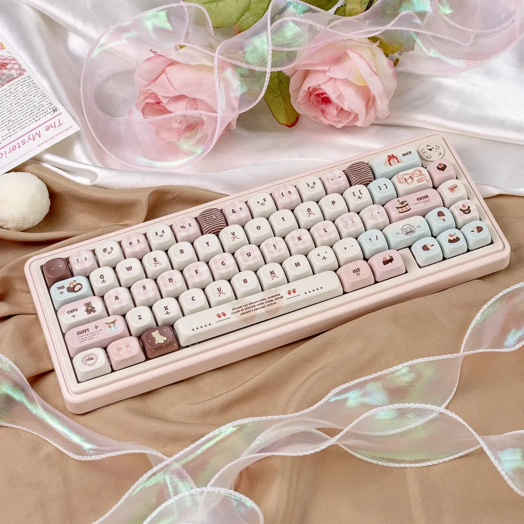 A collection of Velvet Frosted Strawberry PBT+PC translucent keycaps set showcasing their unique design and ethereal glow from various artistic angles.