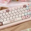 Velvet Frosted Strawberry Keycaps PBT+PC set, artfully showcased from diverse angles. Highlighting the translucent glow and sweet whimsical frosted design.