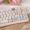 Gallery view of Velvet Frosted Strawberry Keycaps Set, highlighting PBT+PC translucent material from artistic angles, revealing sweet ethereal glow.
