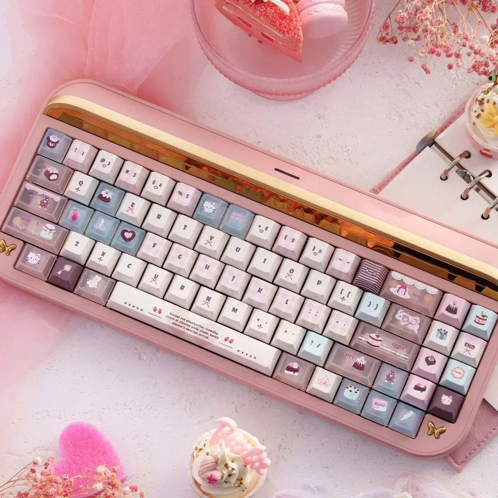 Artistic display of Velvet Frosted Strawberry Keycap Set, showcasing their PBT+PC translucent glow and sweet frosted texture from various angles.