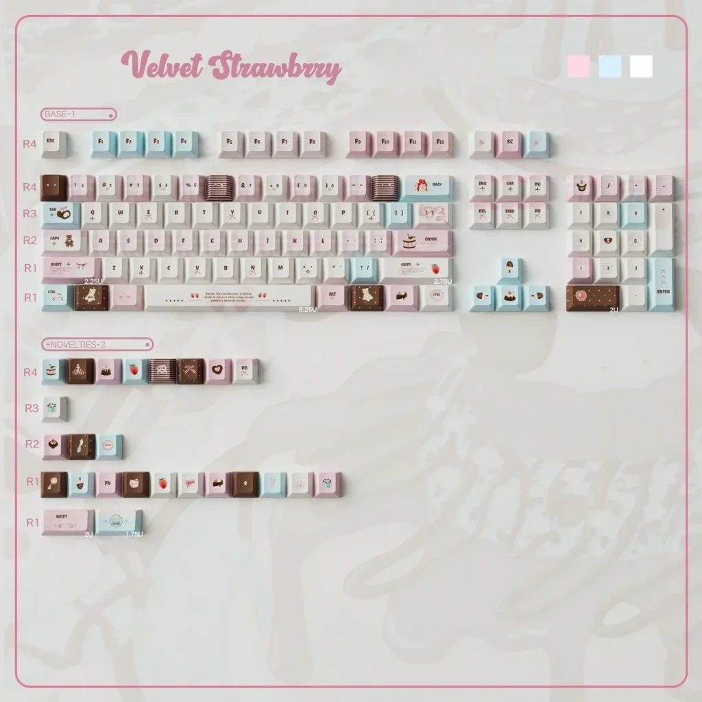 Artistic display of Velvet Frosted Strawberry Keycaps set, showcasing the unique translucent PBT+PC material with a sweet, ethereal glow.