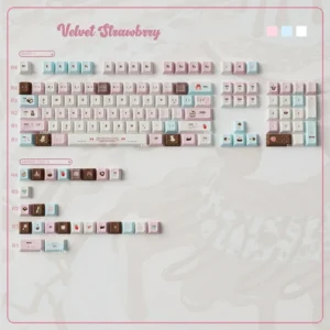 Artistic display of Velvet Frosted Strawberry Keycaps set, showcasing the unique translucent PBT+PC material with a sweet, ethereal glow.