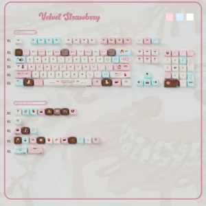 Velvet Frosted Strawberry Keycaps Set artfully displayed, showcasing their PBT+PC translucent design with a soft, ethereal glow and whimsical charm.