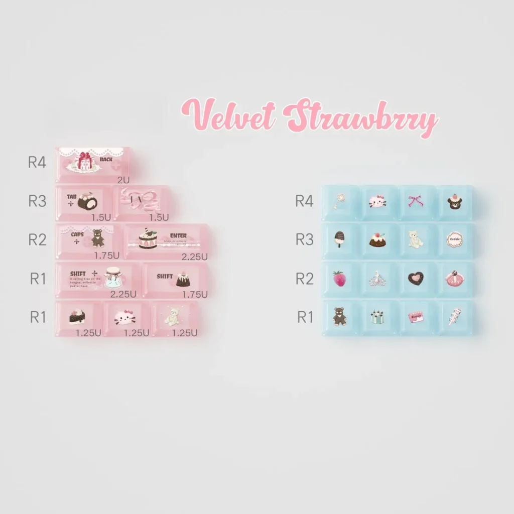 Artistic display of velvet frosted strawberry PBT+PC translucent keycaps set, softly glowing with a sweet, ethereal whimsy. Unique custom keycap set.