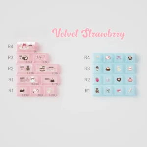 Artistic display of velvet frosted strawberry PBT+PC translucent keycaps set, softly glowing with a sweet, ethereal whimsy. Unique custom keycap set.