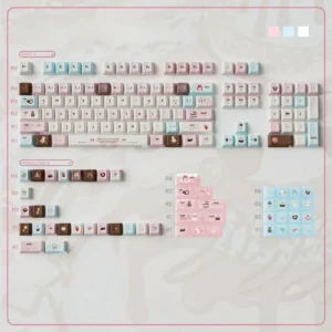 Velvet Frosted Strawberry Keycaps Set glowing softly, showcasing the translucent PBT+PC design and sweet whimsical aesthetic for custom keyboards.
