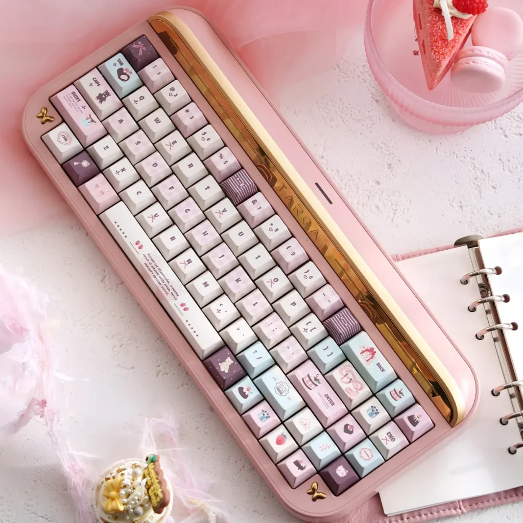 Velvet Frosted Strawberry PBT+PC translucent keycaps set from multiple angles, showcasing their sweet, ethereal glow and custom artistic design.