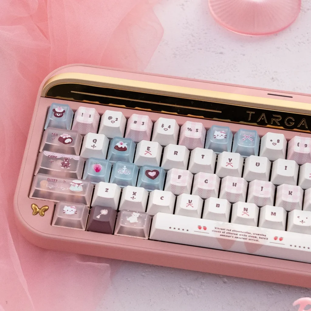 Multiple angles of the Velvet Frosted Strawberry PBT+PC translucent keycaps set, showcasing their unique sweet design and soft, whimsical luminescence.