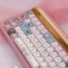 Velvet Frosted Strawberry Keycaps Set gallery, showcasing the soft PBT+PC translucent material and sweet, ethereal glow from all angles.