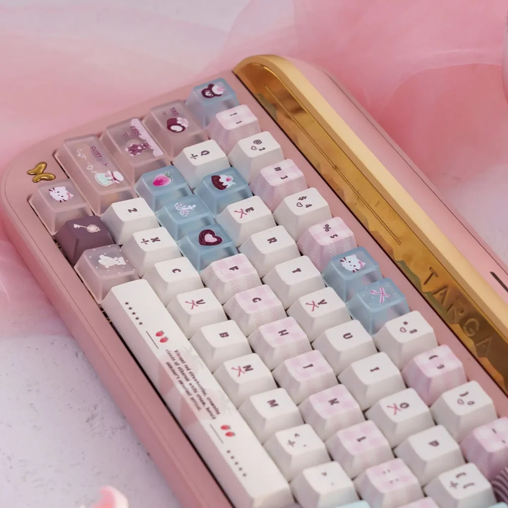 Velvet Frosted Strawberry Keycaps Set gallery, showcasing the soft PBT+PC translucent material and sweet, ethereal glow from all angles.