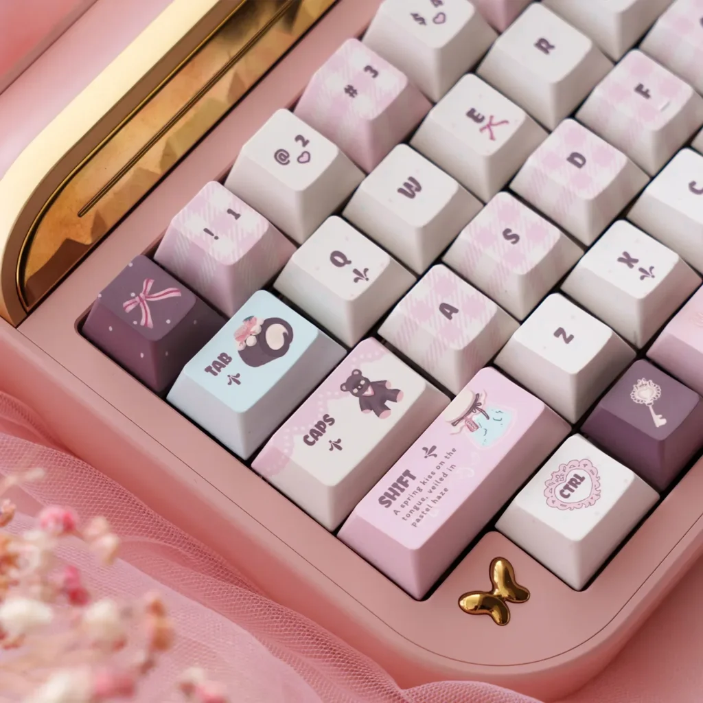 Velvet Frosted Strawberry PBT+PC custom translucent keycaps set, views highlighting their sweet frosted design and ethereal glow.