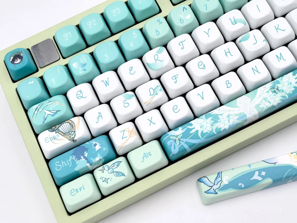 Venti Anemo Whimsy FOA PBT keycaps set, angled to reveal ethereal teal, white, gold dye-sub. Whimsical wind and lyre motifs for Genshin Impact.