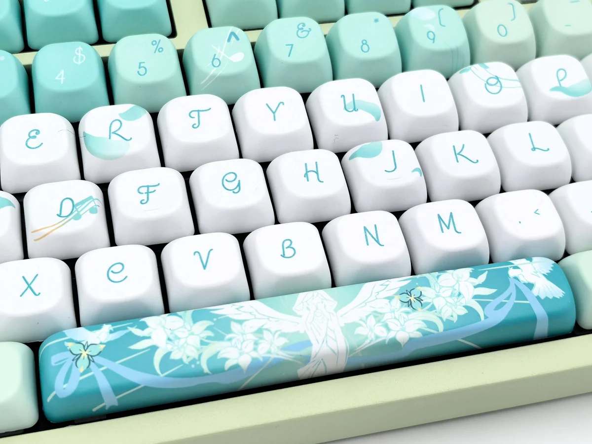 Venti Anemo Whimsy FOA PBT Keycap Set: Exclusive Venti-inspired design featuring ethereal teal, white, gold, whimsical wind and lyre motifs.
