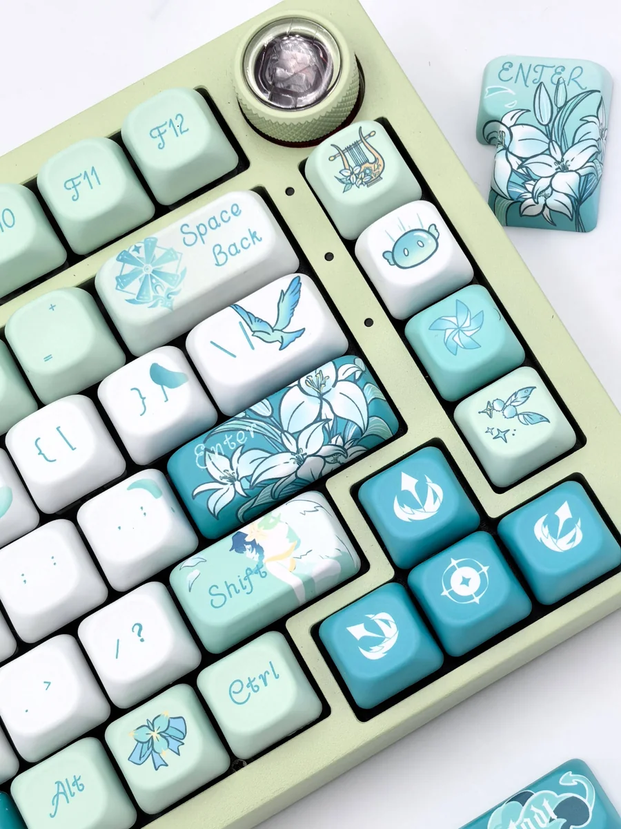 Exclusive Venti Anemo Whimsy FOA PBT keycap set gallery. Multiple views showcase the ethereal teal, white, and gold dye-sub PBT keycaps featuring wind design.