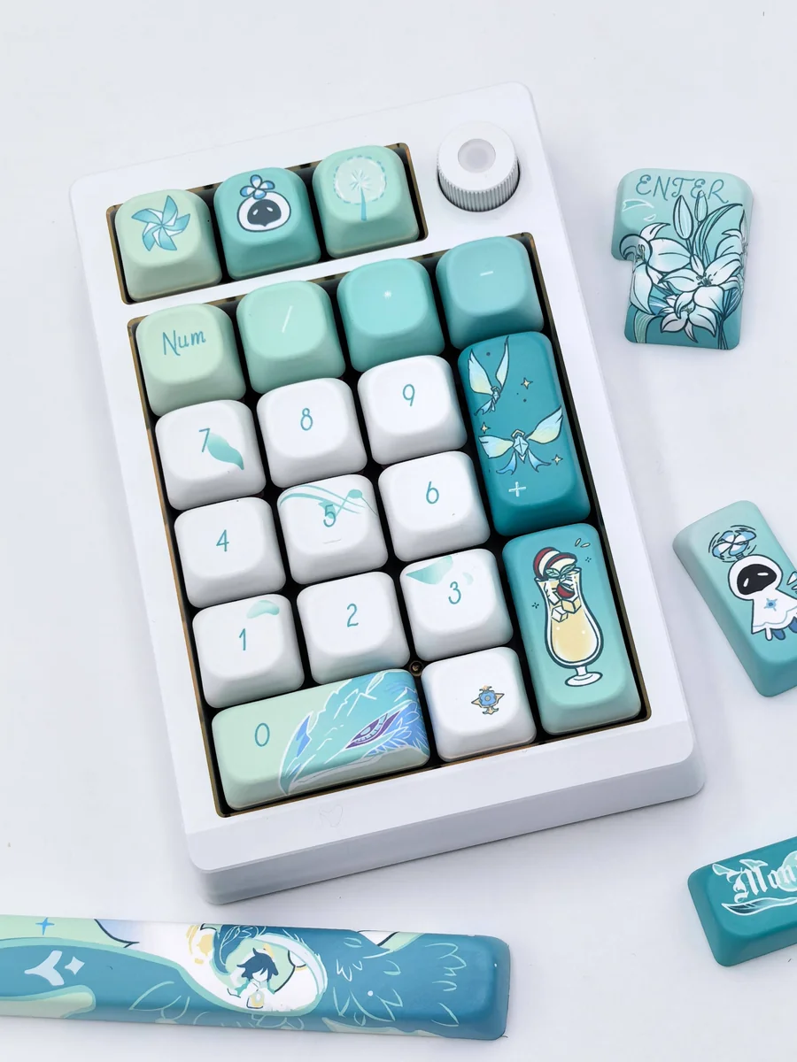 Venti Anemo Whimsy FOA PBT Dye-Sub Keycap set, featuring intricate teal, white, and gold wind and lyre motifs from a unique angle. Captures the Genshin Impact spirit.