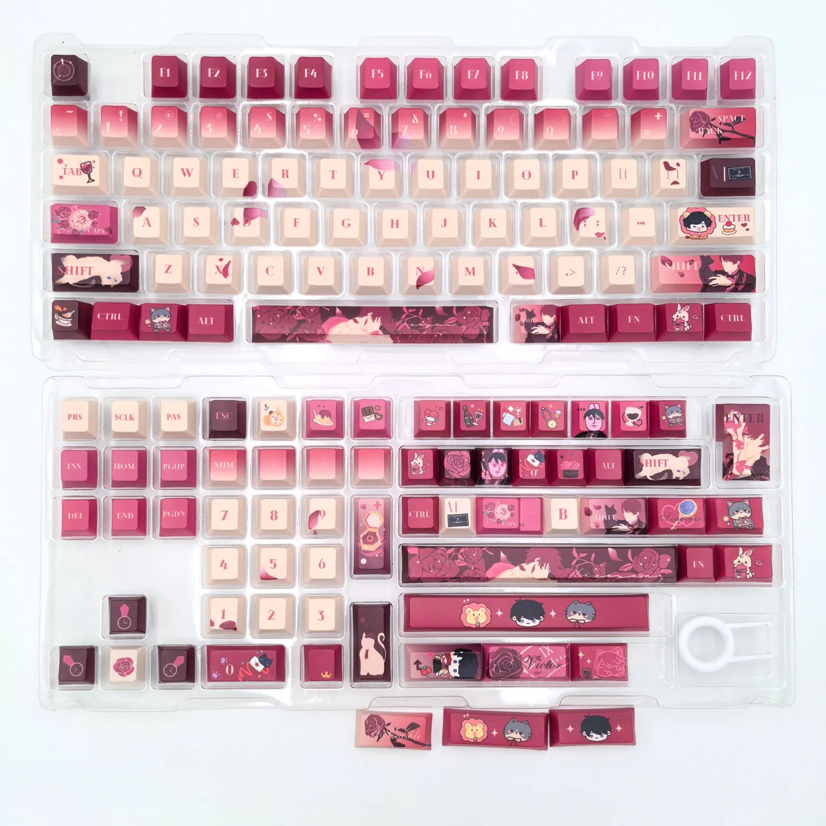 Detailed view of exclusive Victor Keycap Set from a distinct angle, highlighting sophisticated character motifs and the elegant, durable PBT material.