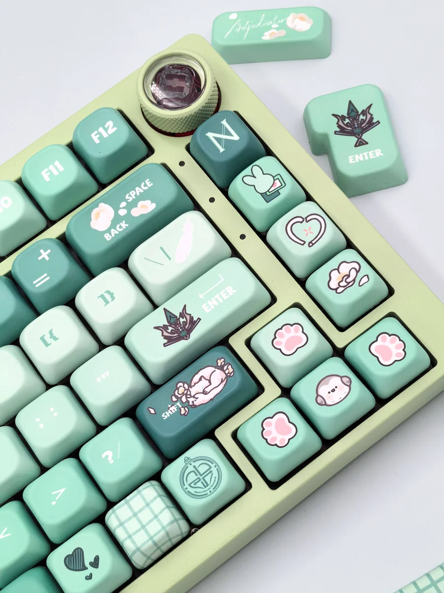 Vyn Richter Keycap Set FOA profile gallery. Elegant cool-toned keycaps with sophisticated Mò Yì character legends, shown from various angles.