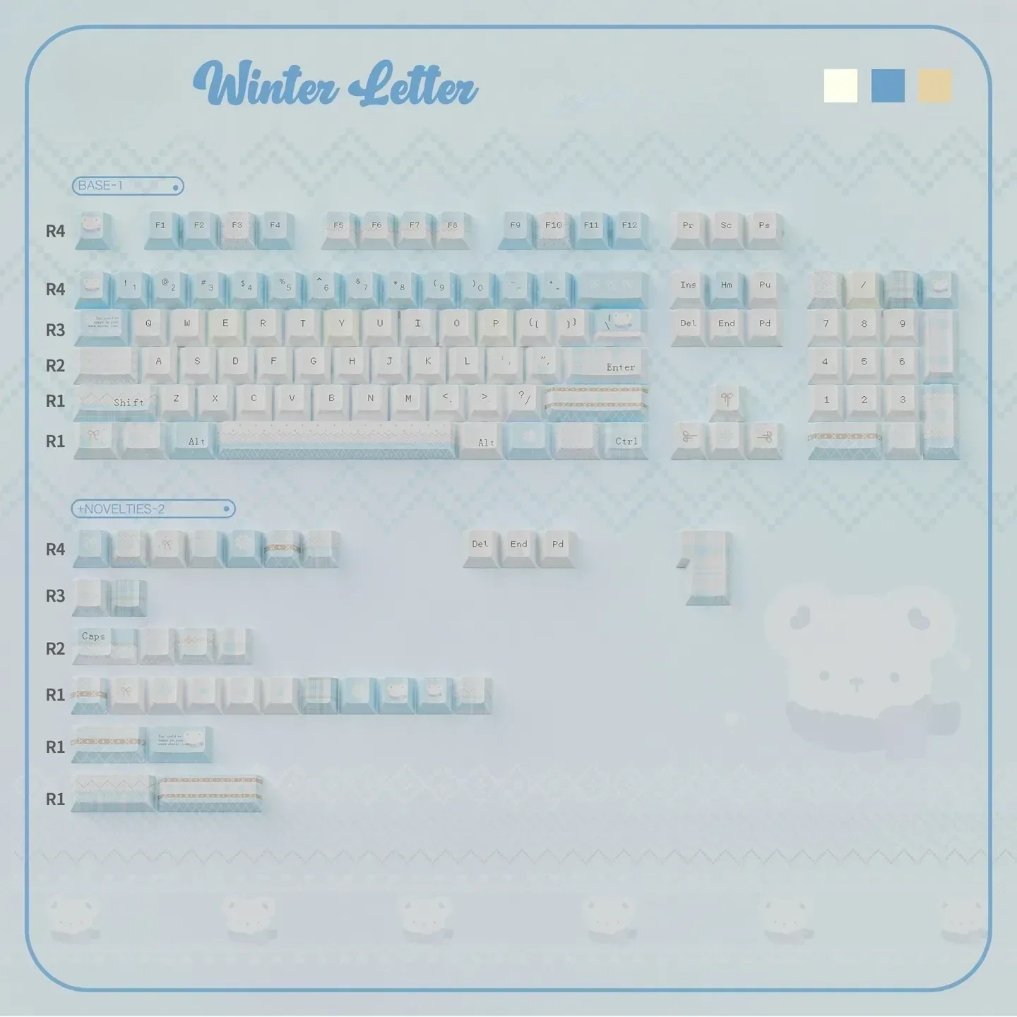 Winter Letter Keycaps Set: Unique soft blue and white PBT+PC dye-sublimated keys with snowy letter designs, for a tranquil winter aesthetic.