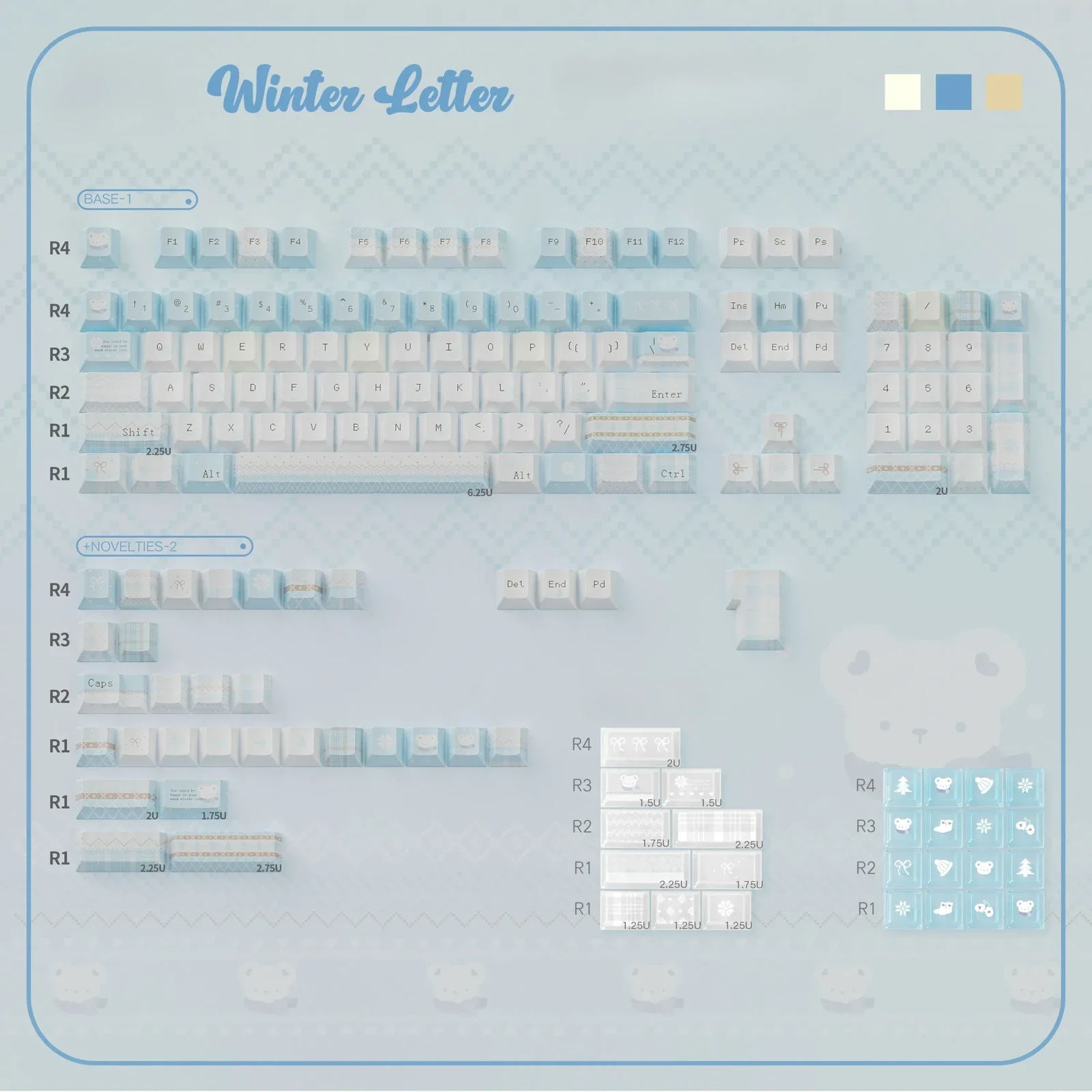 A serene display of Winter Letter Keycaps Set, showcasing soft blue and white PBT+PC keycaps with unique snow-dusted letters, for a tranquil design.