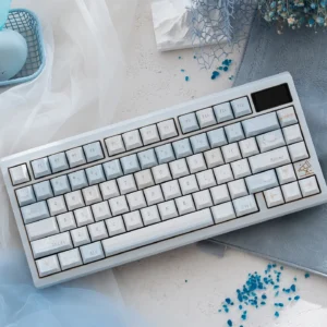 Artistic Winter Letter Keycaps set, displaying a unique, tranquil snowy design in soft blue and white durable PBT+PC for custom mechanical keyboards.