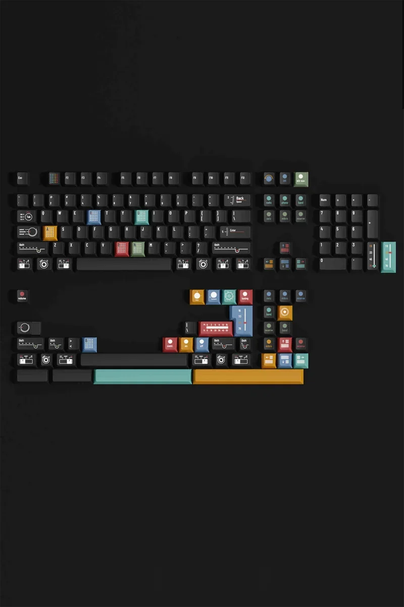 Ag1921 Braun-inspired PBT Wooting keycaps set in a gallery, showcasing their sleek minimalist industrial design, dark tones, and precise legends.