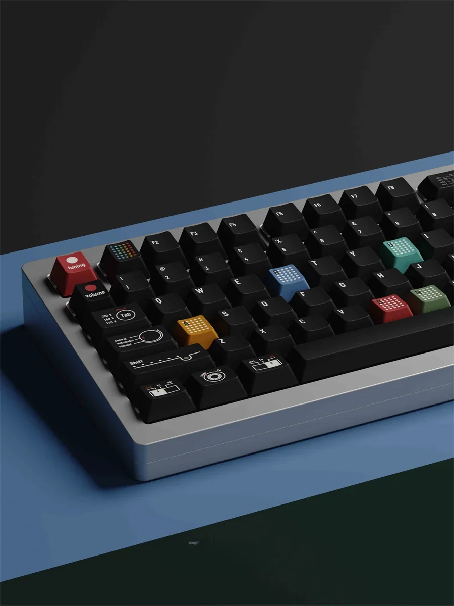 Ag1921 Braun-inspired PBT Wooting keycaps set in a gallery, shown their sleek minimalist industrial design, dark tones, and precise legends.