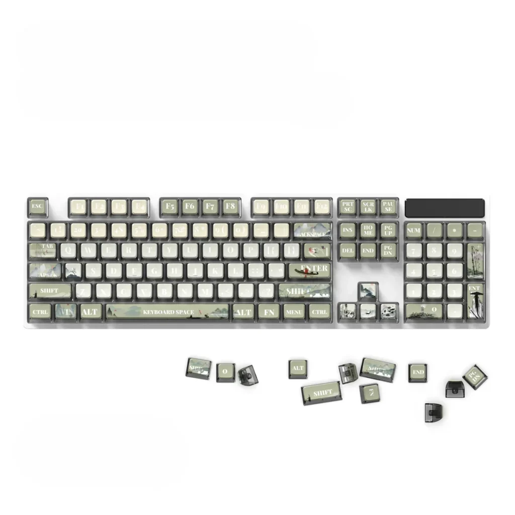Exquisite Jiangnan Wuxia Ink Wash PBT Pudding Keycaps Set featuring detailed Chinese landscapes and martial arts artistry.