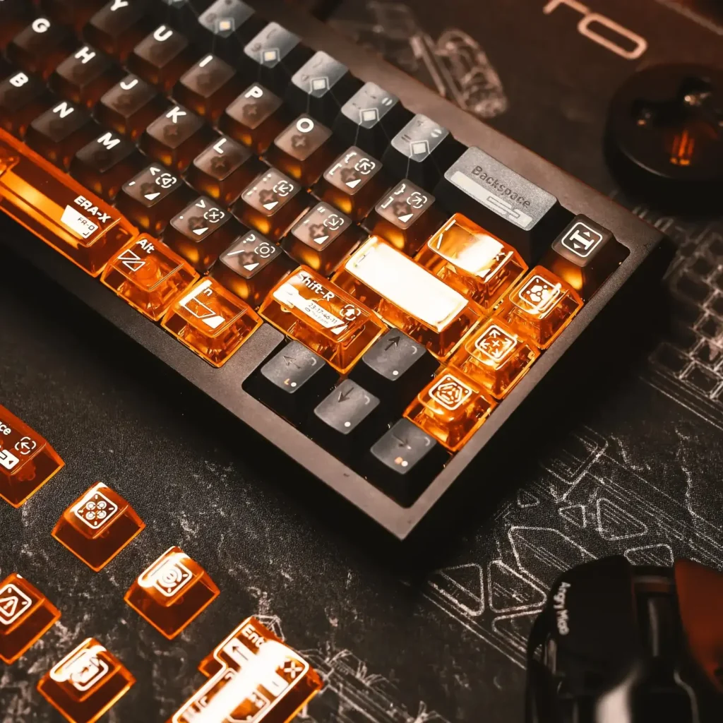 X-Era Dream Boundary Keycap Set gallery displays front-engraved translucent PC caps glowing vibrant orange, creating a dark sci-fi design.