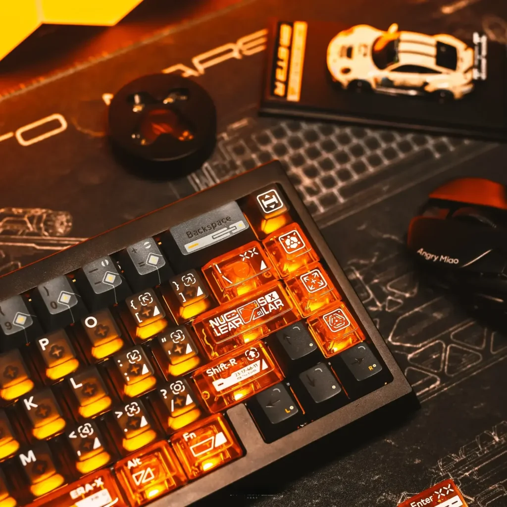 Gallery of X-Era Dream Boundary Keycap Set, highlighting front-engraved translucent PC with vibrant orange accents. Dark, futuristic sci-fi aesthetic.