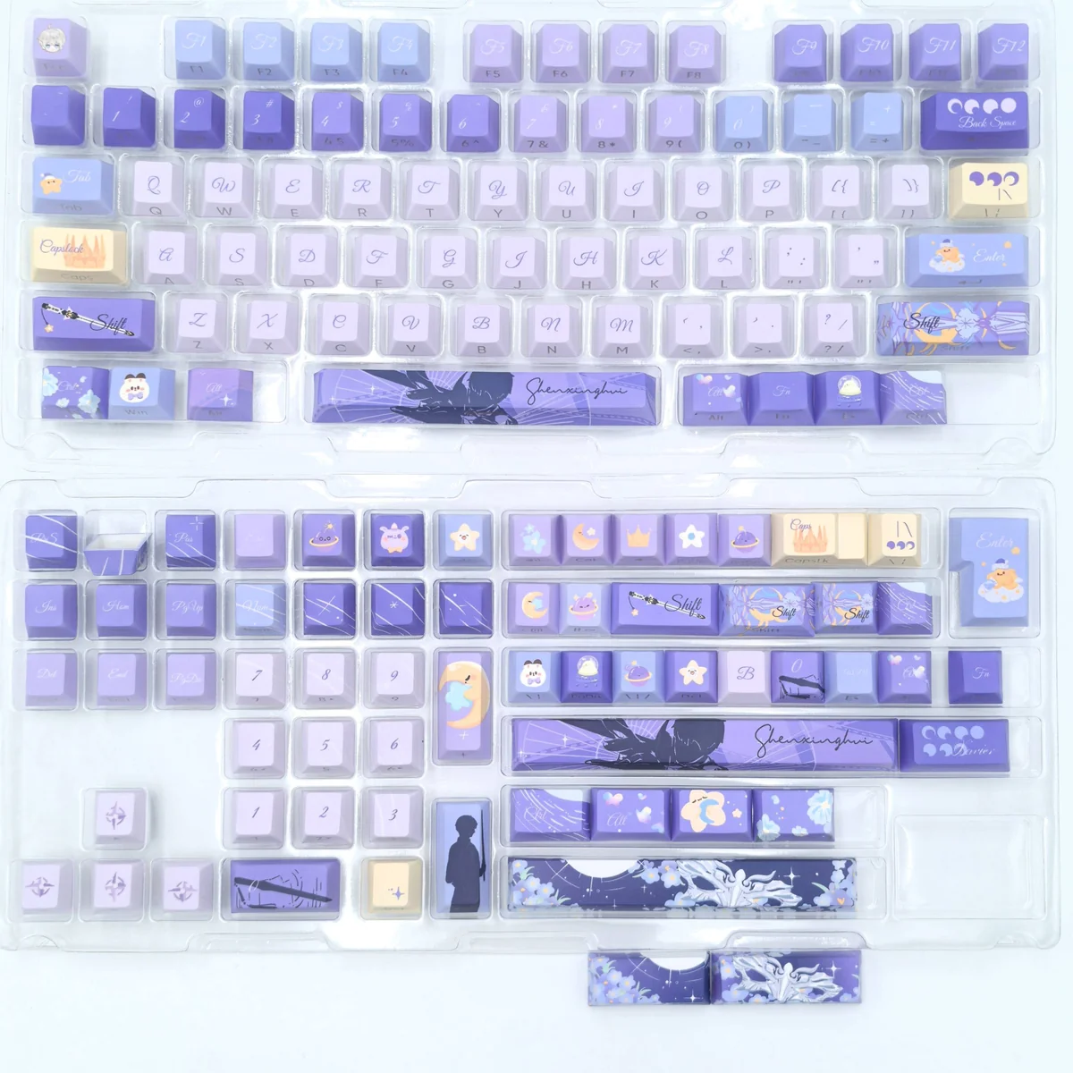 Xavier Keycap Set, featuring character-inspired minimalist side-engraved legends and vibrant accents shown from various angles.