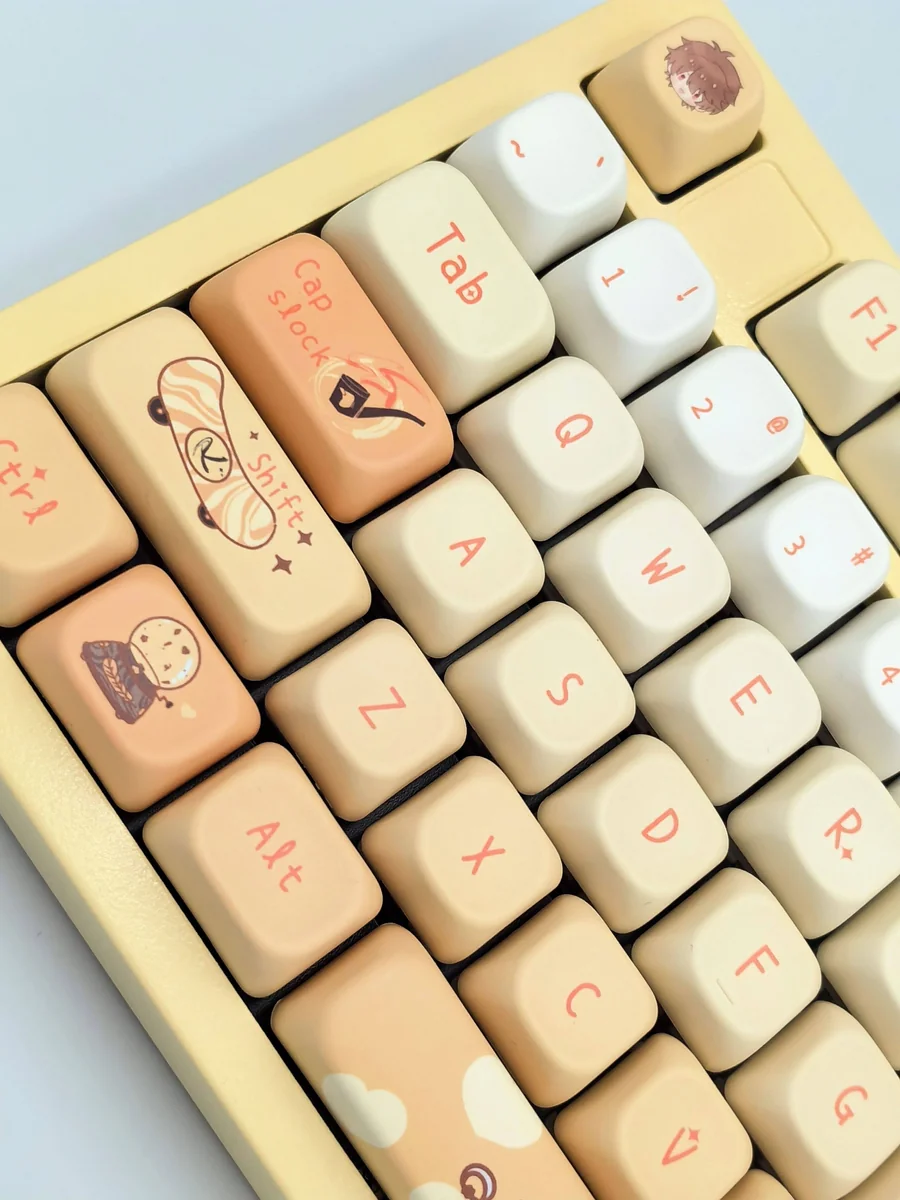 Exclusive Xia Yan Tears of Themis PBT keycaps set with sophisticated character art and cool-toned elegance, shown from multiple angles.