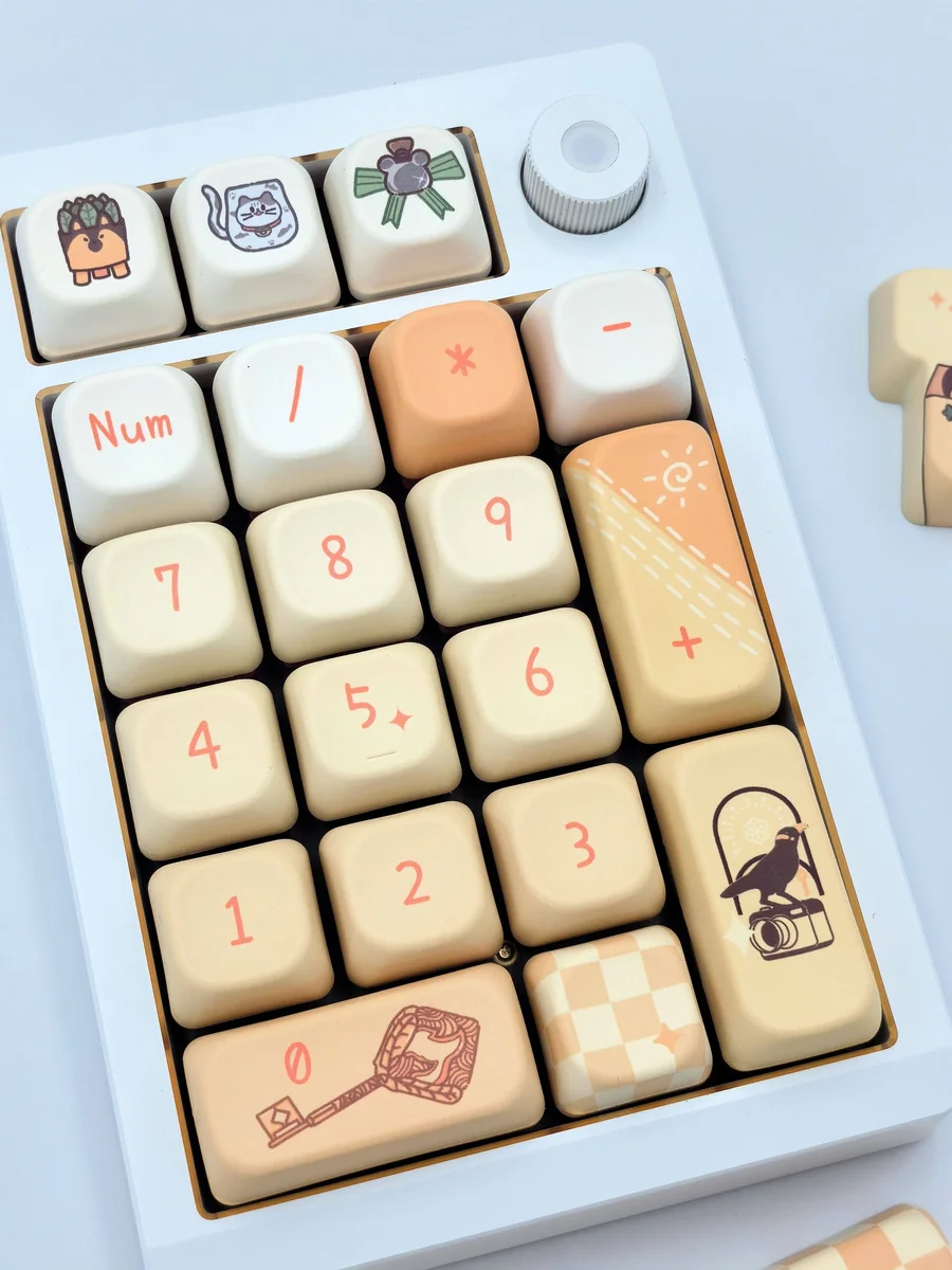 Close-up of exclusive Xia Yan Tears of Themis PBT keycaps set, showcasing sophisticated character art and cool-toned elegance from multiple perspectives.