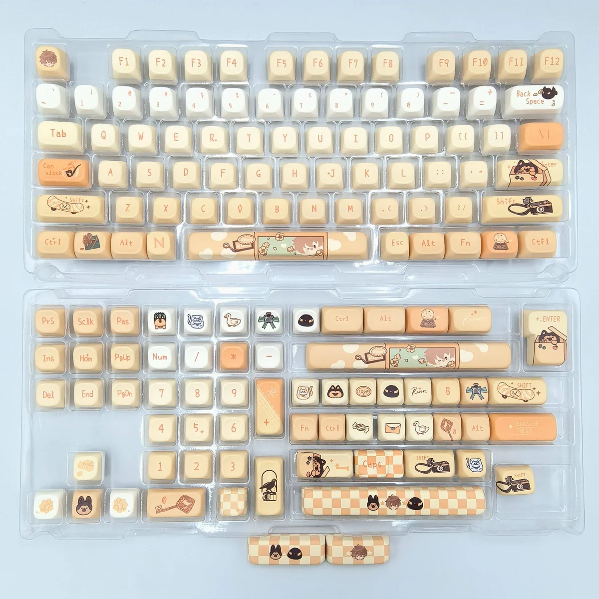 Detailed view of exclusive Xia Yan Tears of Themis PBT keycaps set, highlighting intricate character art and premium PBT quality from various angles.