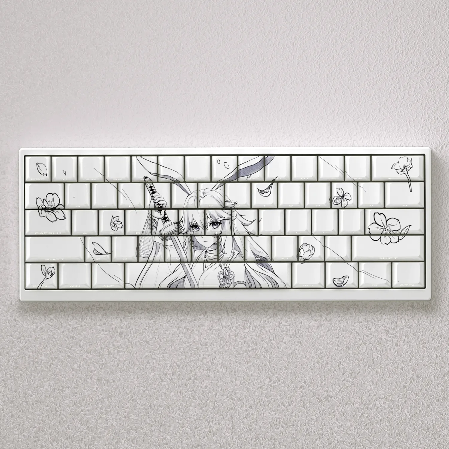 Exquisite Yae Sakura PBT keycaps set in a serene Cherry profile, displayed from multiple perspectives to highlight the delicate pastel blossoms design.