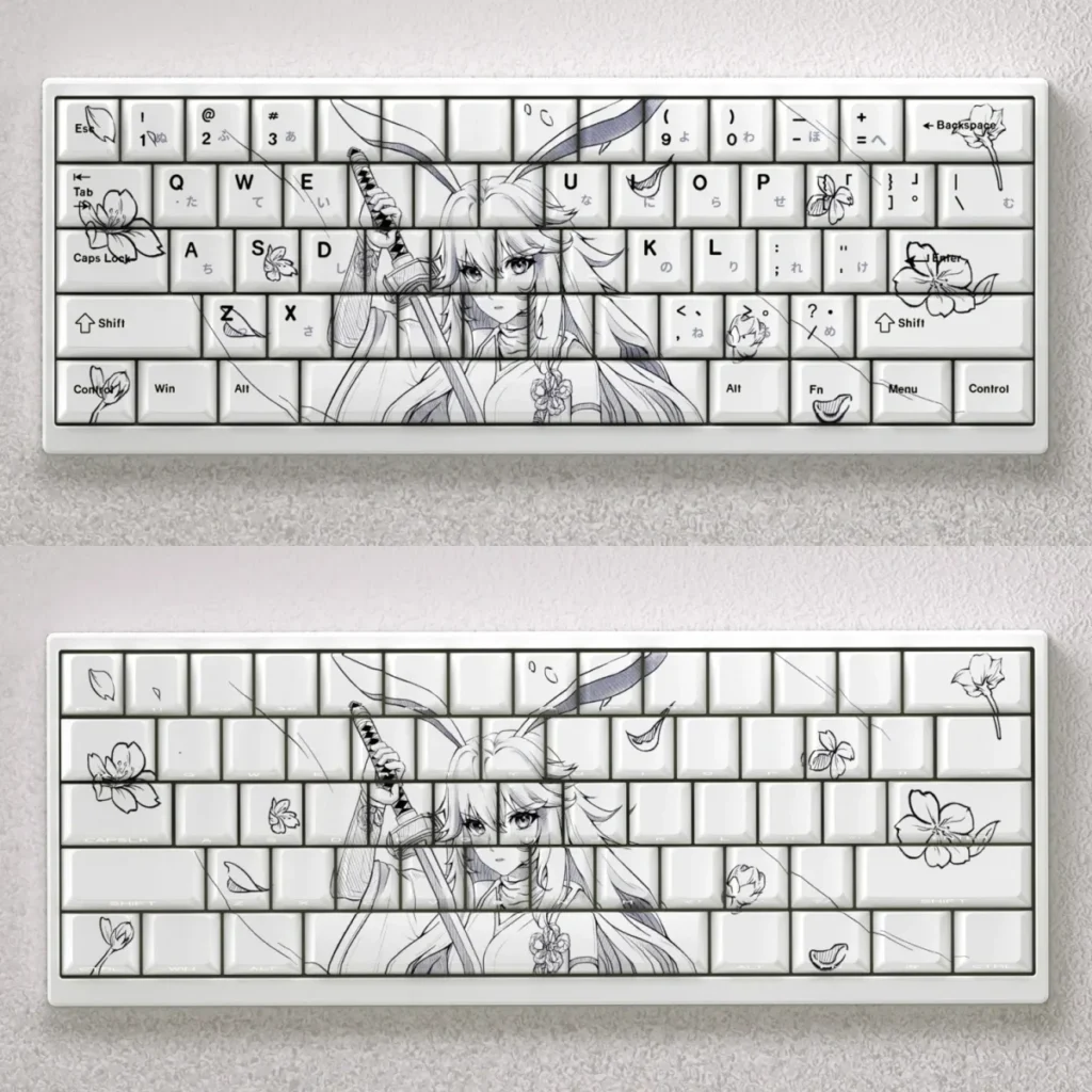 Exquisite Yae Sakura PBT keycaps set with Cherry profile, showcasing delicate pink blossoms for a serene keyboard garden aesthetic.