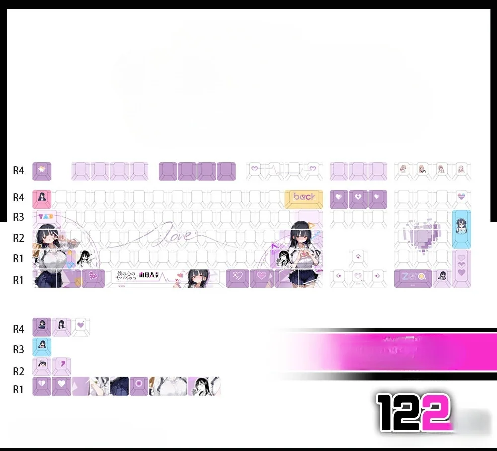 Vibrant Yamada Anna Dangers in My Heart PBT keycaps set shown from multiple angles, featuring detailed anime character art for a playful desktop setup.