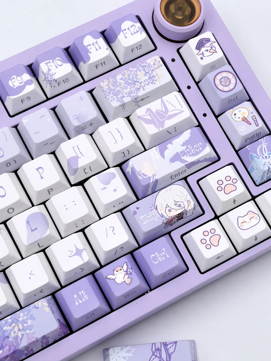Ye Xuan side-engraved PBT keycaps art set, showcasing romantic character designs and elegant game aesthetics from various angles.