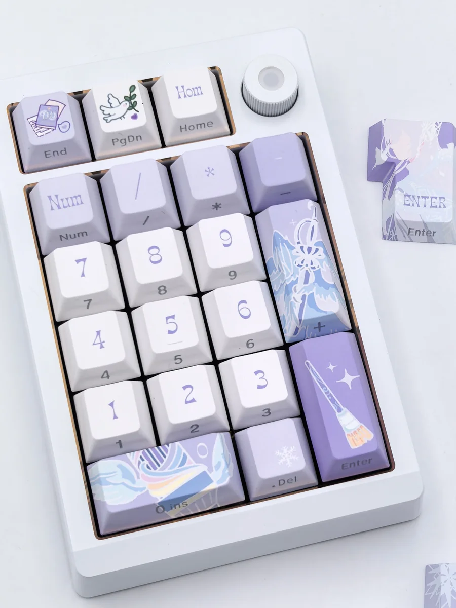 Close-up views of the exclusive Ye Xuan side-engraved PBT art keycap set, showcasing intricate romantic character art from various elegant angles.
