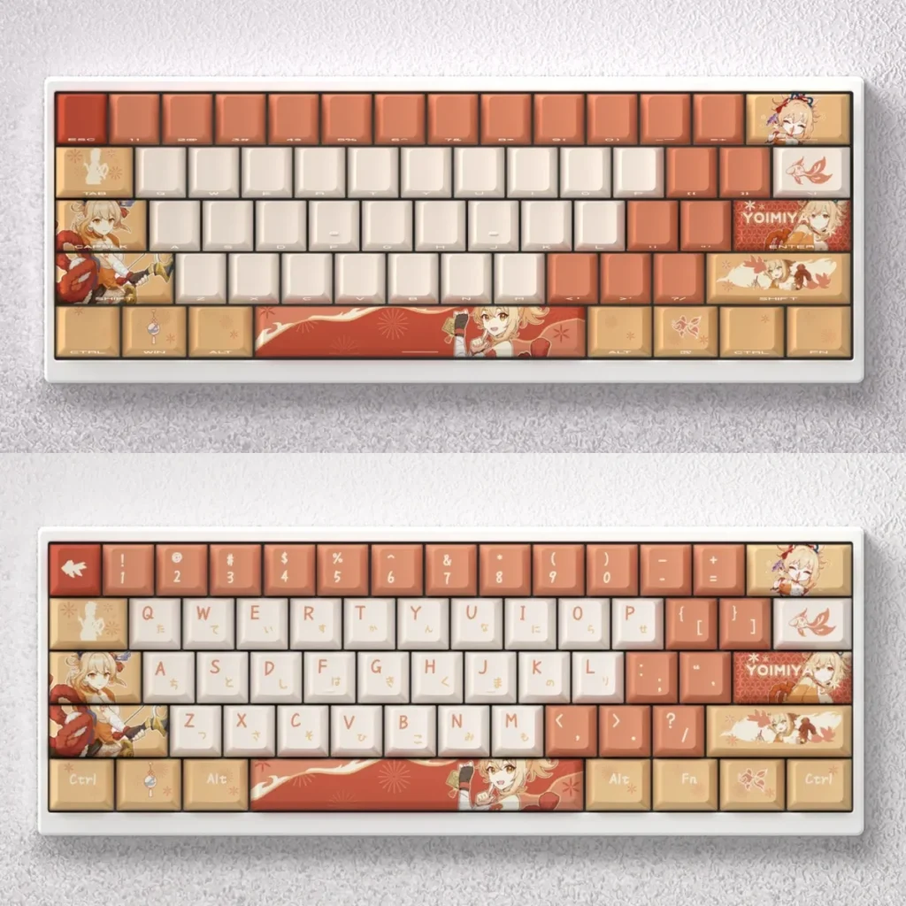Vibrant, exclusive Genshin Impact Yoimiya PBT keycaps set, showcasing fiery fireworks and playful anime aesthetic.