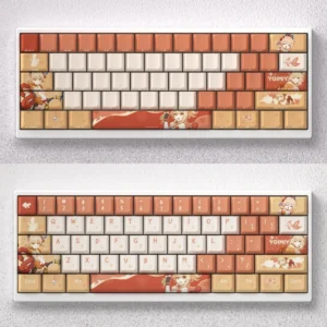 Vibrant, exclusive Genshin Impact Yoimiya PBT keycaps set, showcasing fiery fireworks and playful anime aesthetic.
