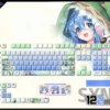 Showcase the iconic Yoshino Himekawa PBT backlit keycap set from various playful angles, featuring vibrant icy blue and green Date A Live anime art.