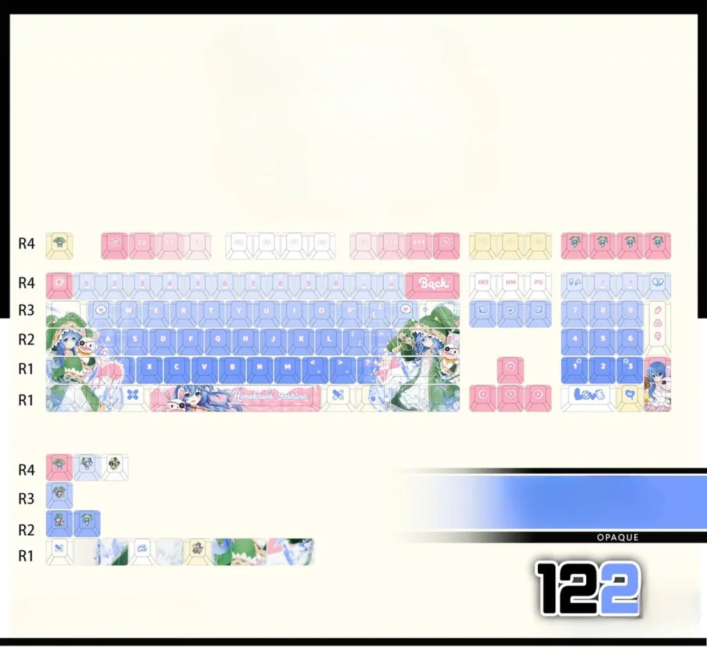Vibrant Yoshino Himekawa PBT backlit keycaps set from Date A Live, seen from a dynamic angle, highlighting her icy blue and green character art.
