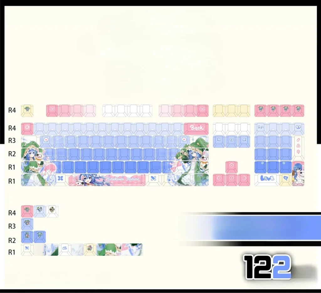 Playful Yoshino Himekawa Date A Live PBT backlit keycaps set showing vibrant front-translucent anime art with icy blue and green tones.