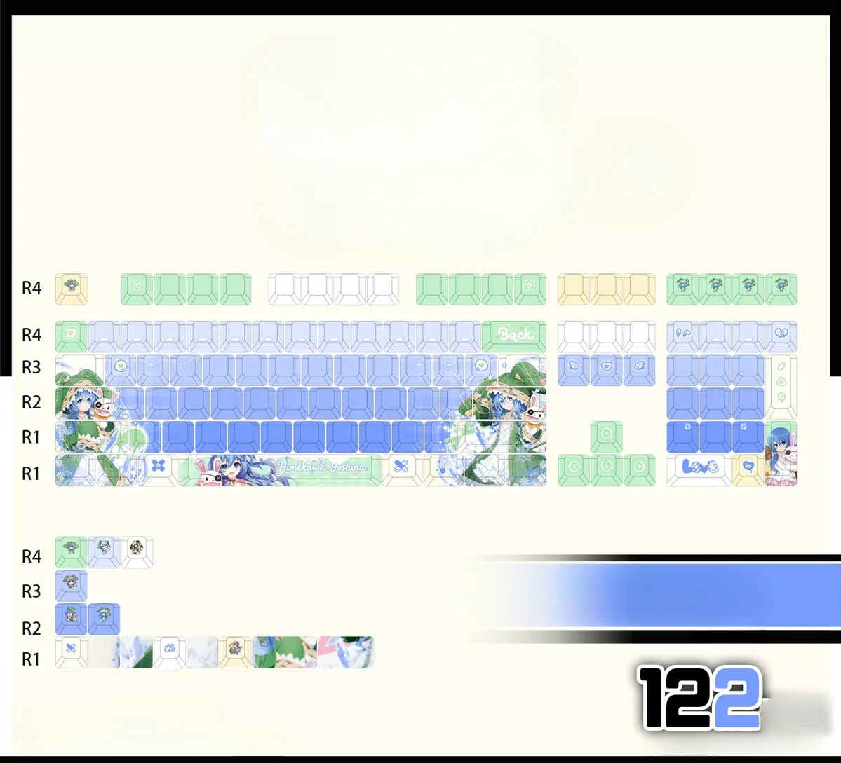 Playful Yoshino Himekawa PBT backlit keycap set featuring vibrant green tones and a front translucent design from Date A Live.