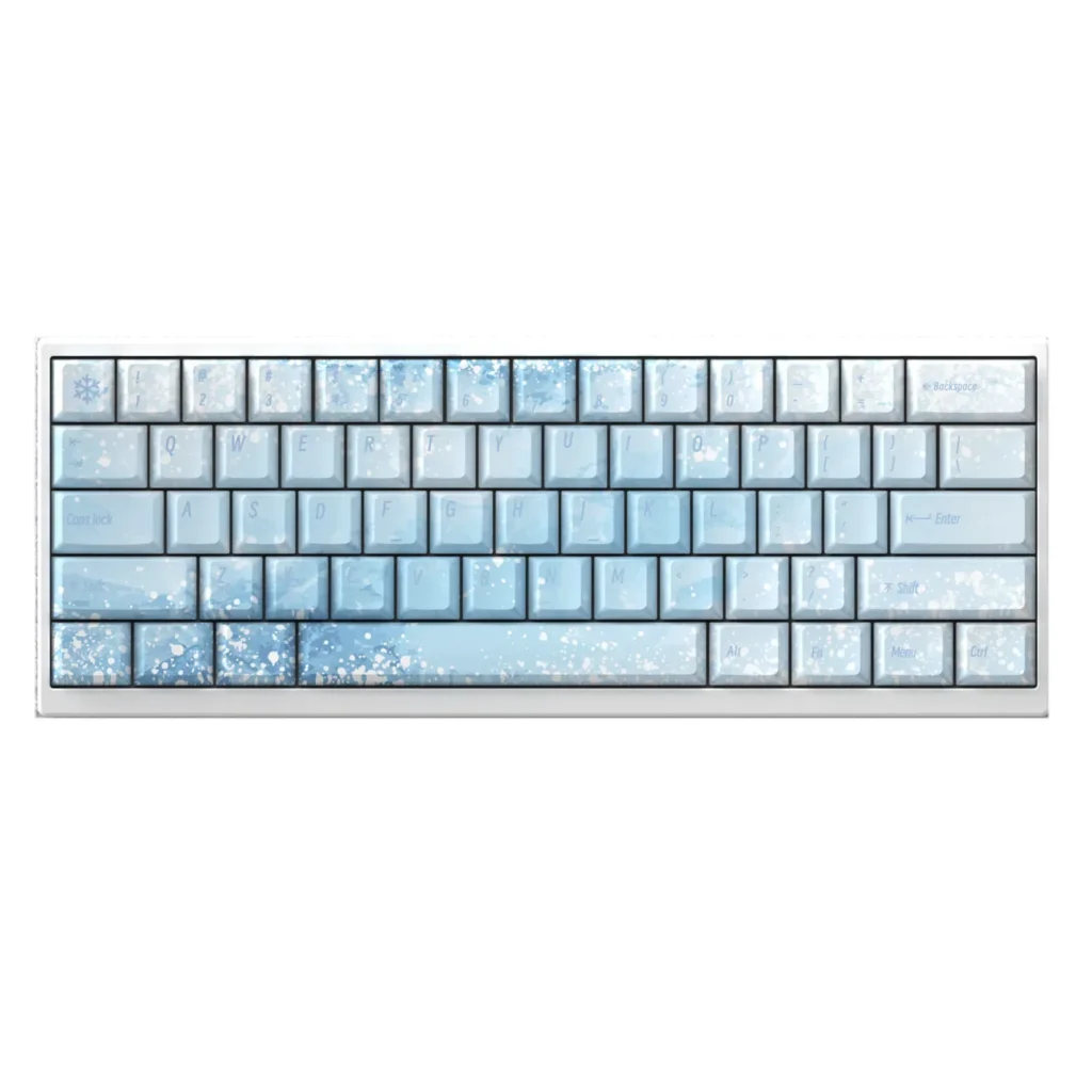 Yuki-onna Keycaps Set: Ethereal PBT Set. Mystical snow maiden, icy blues, whites, delicate Japanese folklore, varied angles.