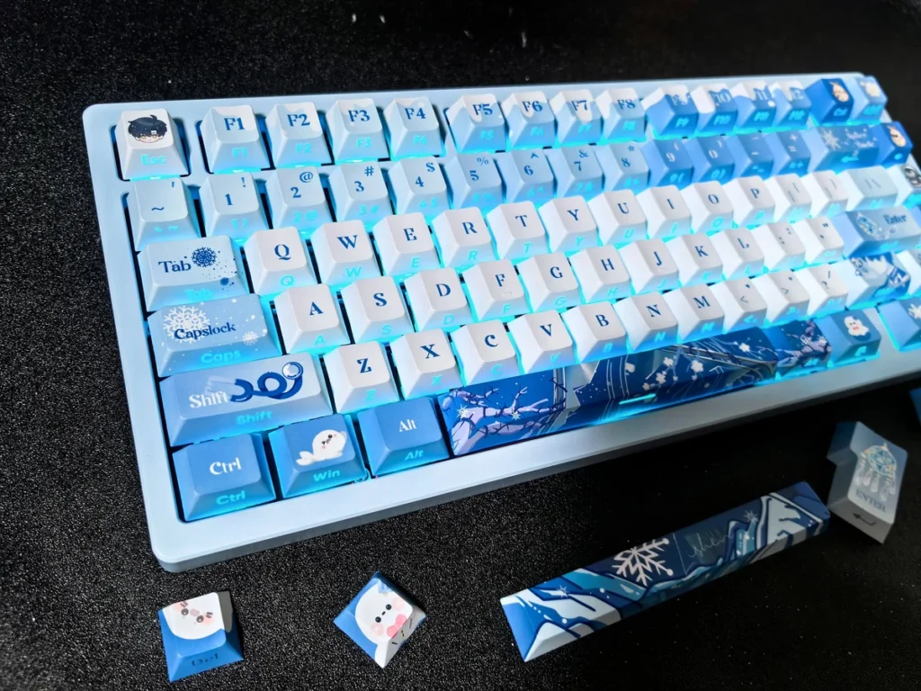 Exclusive Zayne Keycaps set, displaying elegant double-shot PBT with crisp side-engraved legends, embodying a unique character-inspired aesthetic.